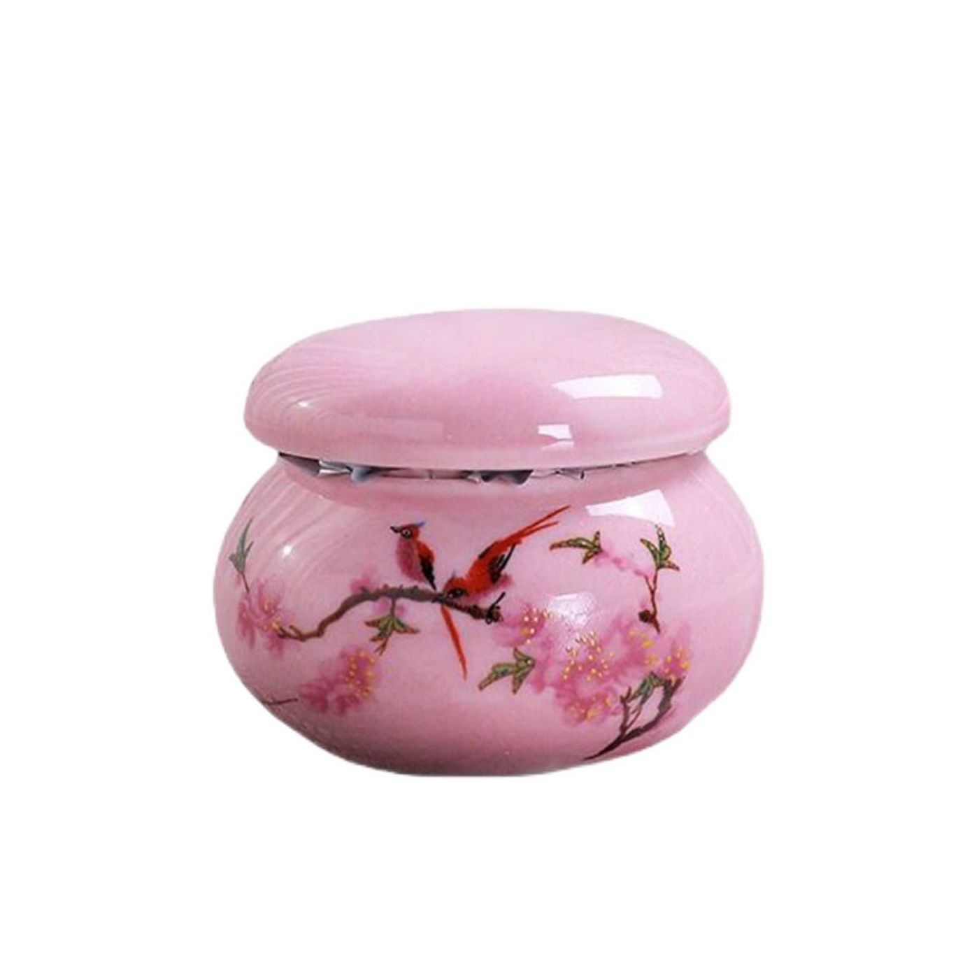 小物入れ 香粉 塗香入れ マカロン風 ミニサイズ 陶磁器製 (花と鳥, ピンク)