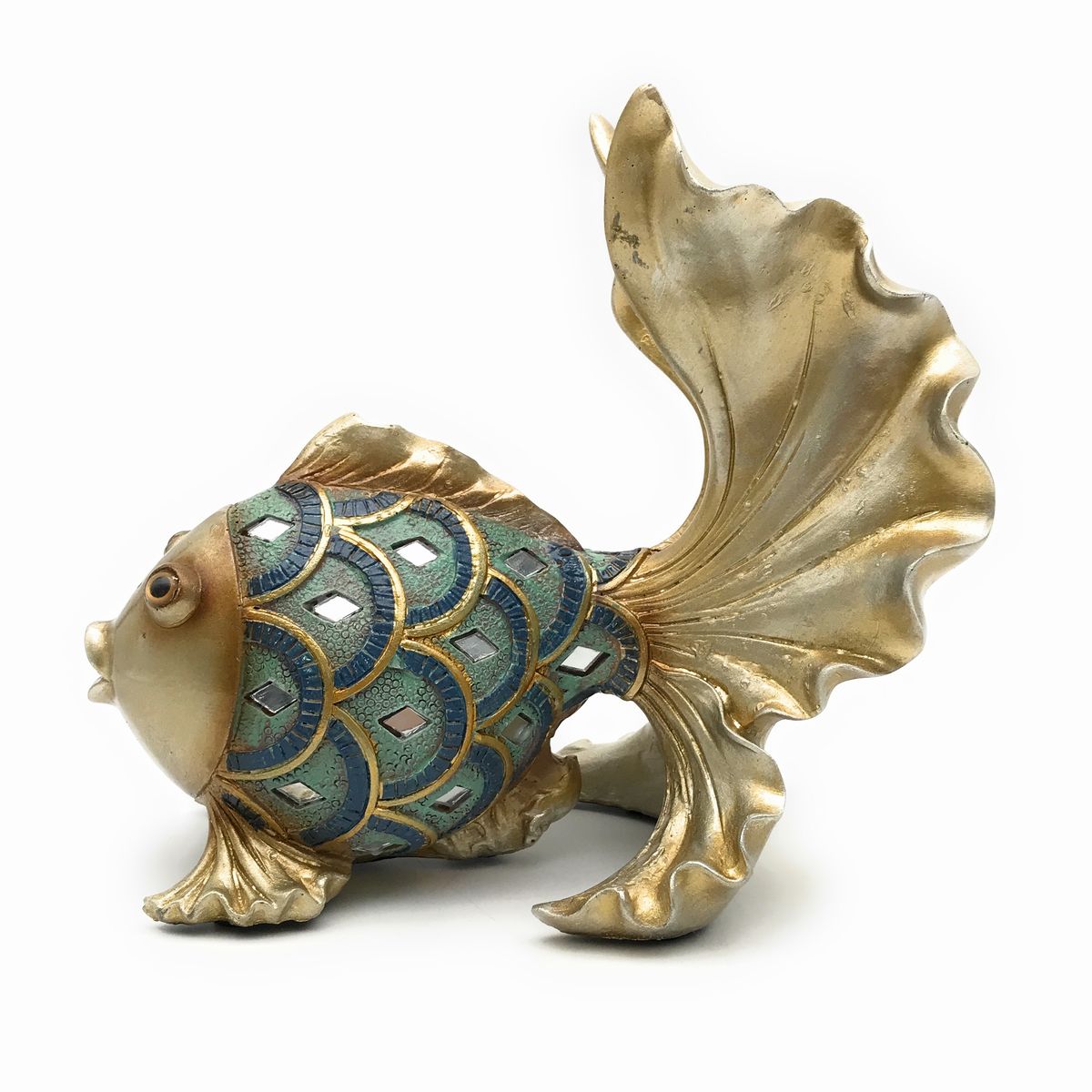 【訳あり】置物 ゴールドの金魚 青いウロコ 立派な尾びれ 彫刻風 (中サイズ)