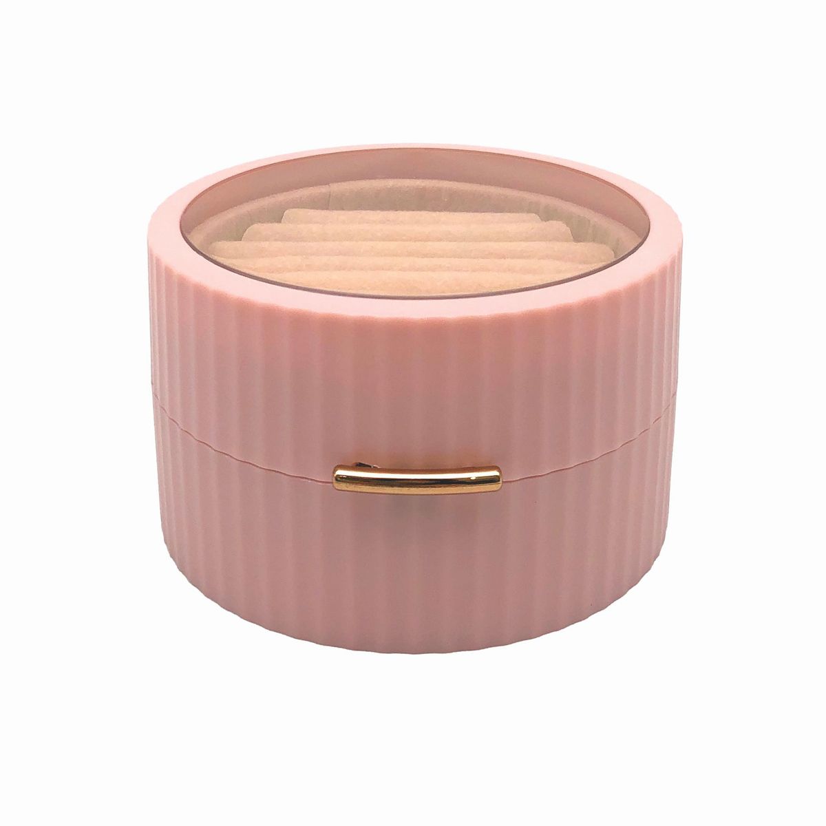 アクセサリーケース 円柱形 透明の蓋 マグネット開閉式 シンプル (ピンク)
