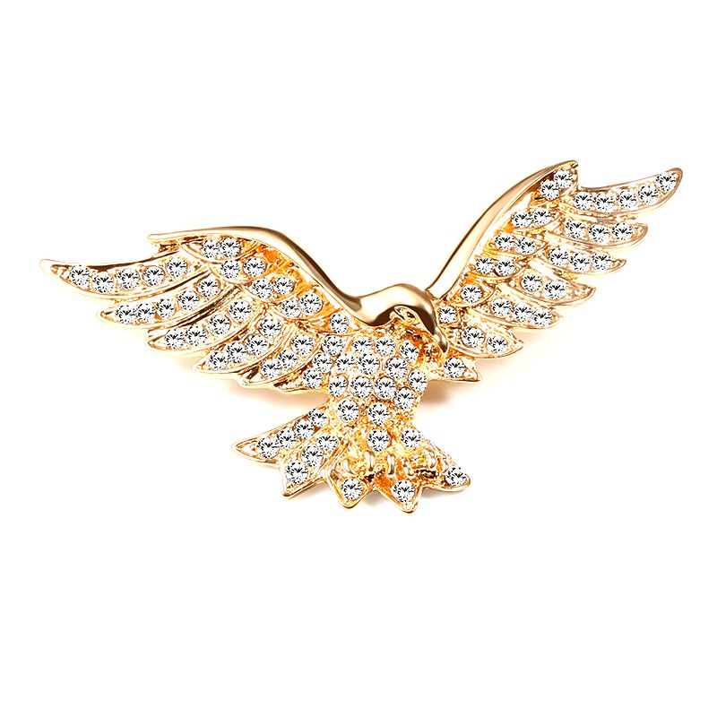 ブローチ 羽ばたく鳥 鷹 ラインストーン装飾 エレガント (ゴールド)