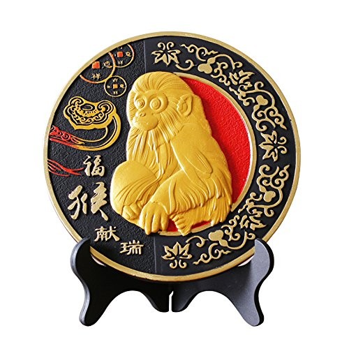 置物 飾り皿風 金色の猿 デザイン 中国的 スタンド付き