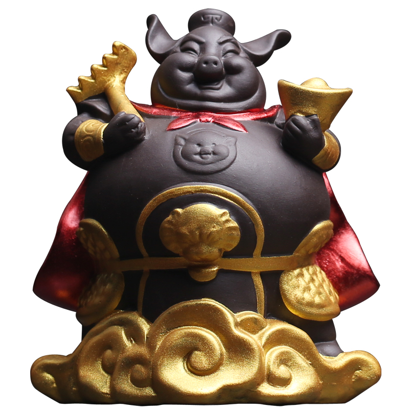 置物 茶寵 茶玩 中国茶道具 金色の筋斗雲に乗るブタさん 猪八戒