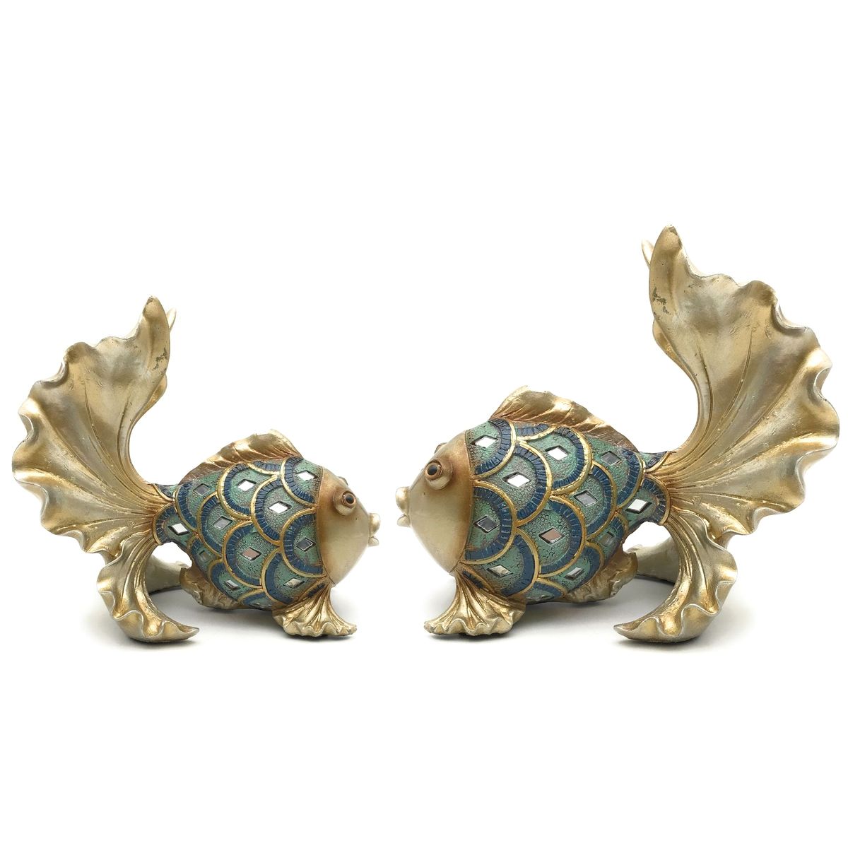 置物 ゴールドの金魚 青いウロコ 立派な尾びれ 彫刻風 (小×中,2個セット)